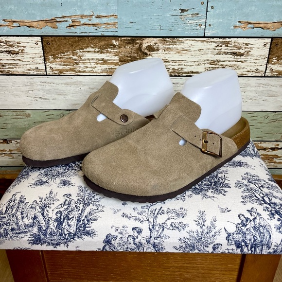 Betula Birkenstock Boston Sandals Taupe Tan Suede Clogs Shoes Women’s Sz 9 Men 7 - Picture 1 of 7